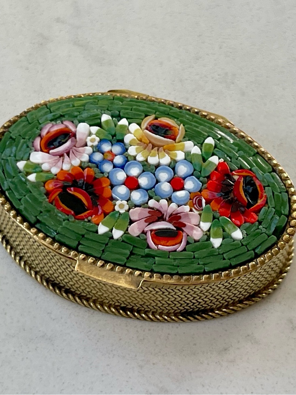 Green Micro-Mosaic Floral Oval Trinket Box
